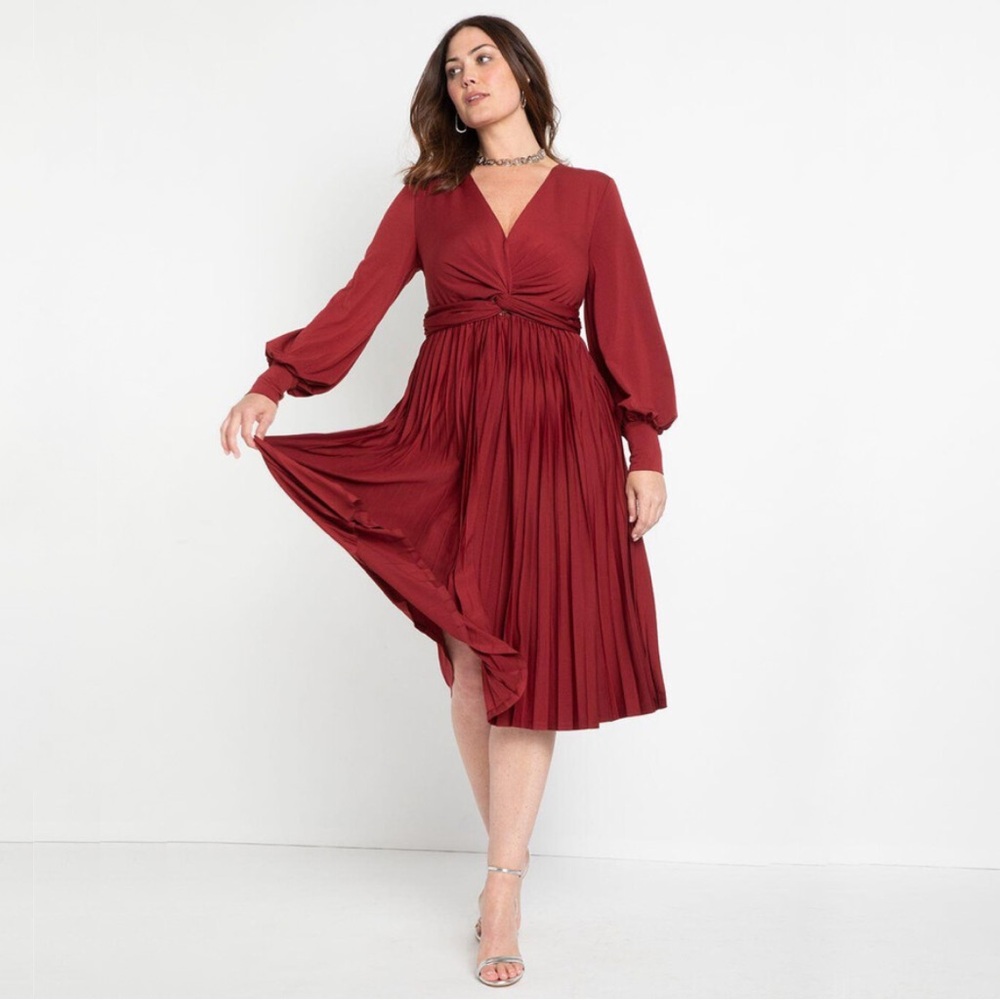 Eloquii Knot Front Pleated Skirt Dress in Rich Burgundy